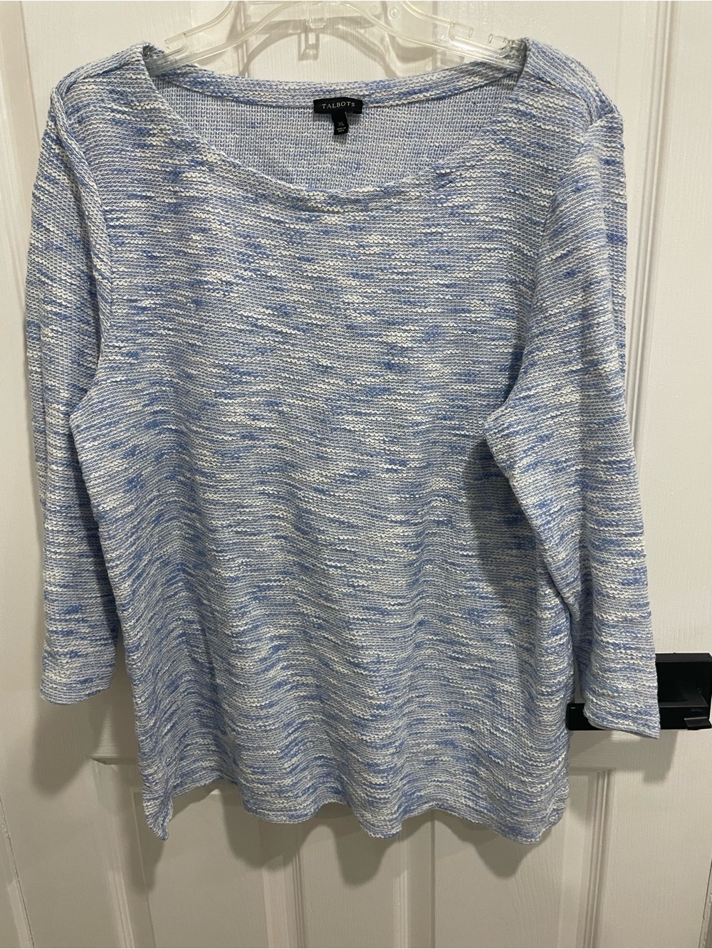 Talbots XL blue and white woven space dye 3/4 sleeve top tie detail